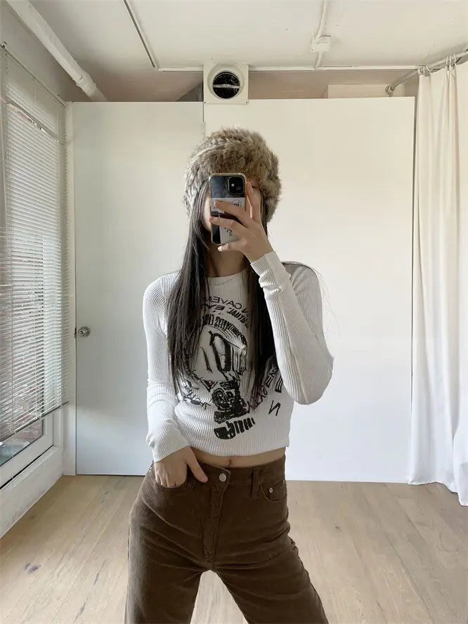 Y2K Korean Fashion Graphical | Long Sleeve Cropped T-Shirts